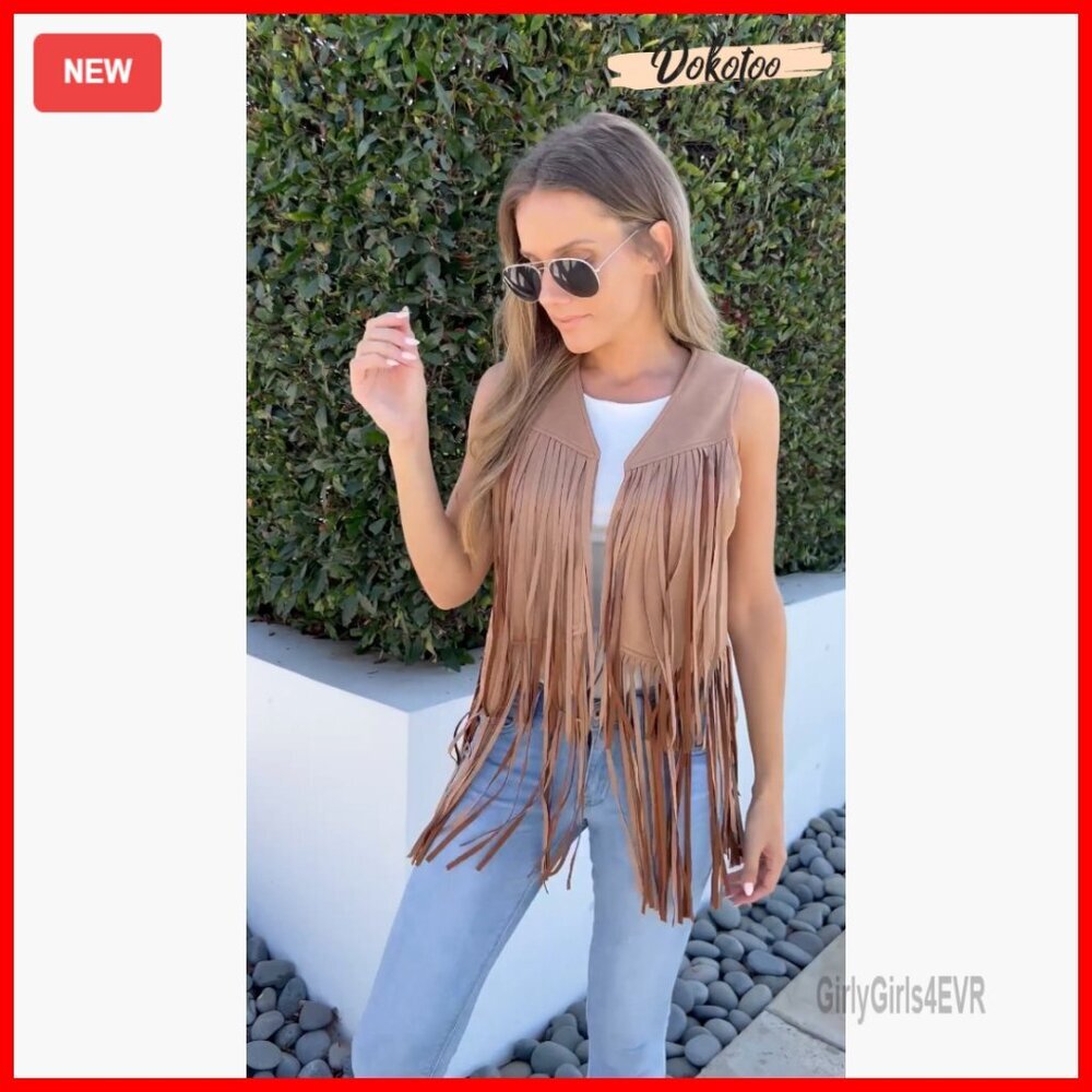 Faux Suede Fringe Vest Sleeveless Crop Western Outerwear Hippie Costume - Picture 7 of 7